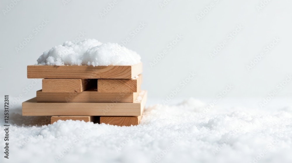 Poster wooden blocks stacked amidst a pristine blanket of artificial snow, evoking a serene winter scene.