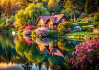 Obraz premium Surreal Flight Towards Lakeside Cottage: Dreamy Aerial Perspective