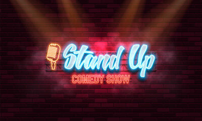 Stand Up Comedy. Retro neon sign on brick wall background. Vector illustration.
