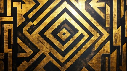 Abstract Gold and Black Geometric Maze Artwork