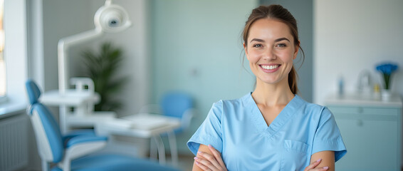 Fototapeta premium Dental Care Clinic Nurse Portrait Soft Blue Clean Environment Medical AI