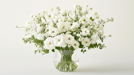 A floral arrangement in a glass vase with stems cut at different heights for a layered effect.