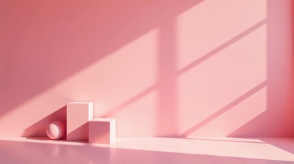 Fototapeta premium Pastel Pink Studio Scene with Geometric Shapes and Sunlight Shadows
