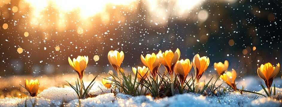 As sunlight returns, vibrant yellow crocuses break through the snowy ground, marking the start of spring