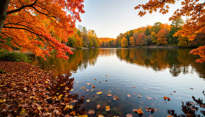 Serene autumn lake reflecting vibrant foliage at sunset, nature's beauty