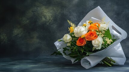 A fresh bouquet wrapped in paper and secured at the base with clear tape, awaiting the final touch.