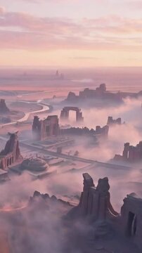 Ancient ruins of a lost civilization in a vast desert under pink sunset clouds with mist new beautiful stock video 9x16 vertical footage animation AI