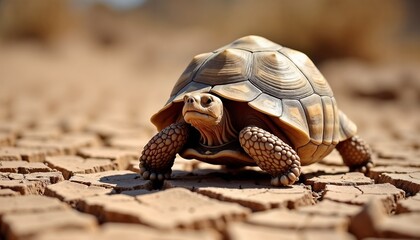Fototapeta premium Resilient Tortoise Traversing Cracked Earth in Harsh Arid Environment