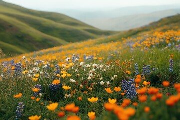 A vibrant meadow filled with colorful wildflowers, including yellow, orange, white, and blue blooms, spreading across rolling green hills under a soft, overcast sky