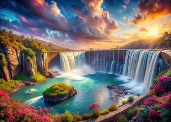 Surreal Landscape: Ethereal Dam and Wild 8-Shaped Waterfall