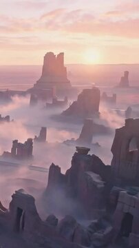 Ancient ruins of a lost civilization in a vast desert under pink sunset clouds with mist new beautiful stock video 9x16 vertical footage animation AI