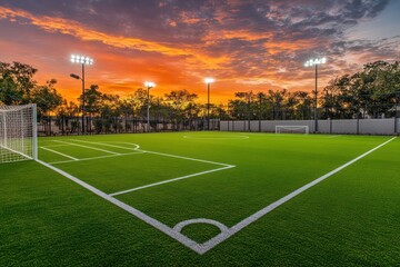 Beautiful green soccer field with white lines and a sunset sky background