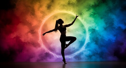 Naklejka premium Silhouette of a ballerina dancing against a vibrant colorful background