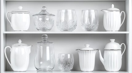 White ceramic and glass tableware on shelves