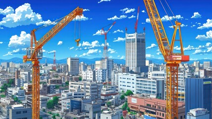 Fototapeta premium Cityscape Construction Cranes Under a Sunny Sky