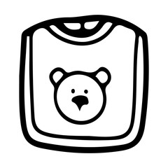 Baby bib. Hand drawn doodle. Breastplate. Feeding a small child. Textile item with velcro. Childhood. Vector line art illustration.