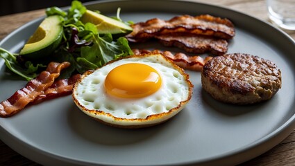 fried eggs with bacon and vegetables