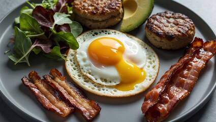 fried eggs with bacon and vegetables