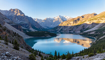 Fototapeta premium Serene tundra lake reflecting mountains under clear skies, nature's beauty