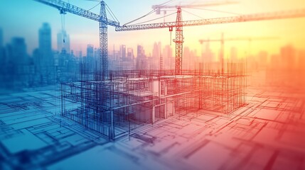 Fototapeta premium Architectural Blueprint with 3D Building Model, A detailed and realistic illustration of an architecture