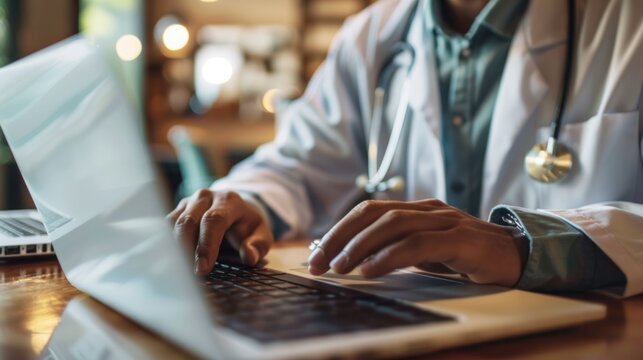 Doctor using laptop, cafe, medical records, telehealth