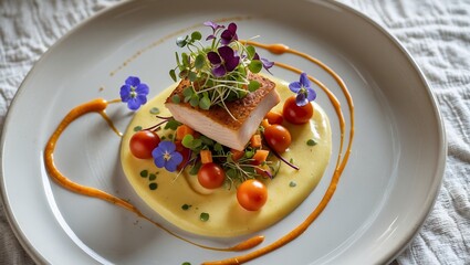 Pan-Seared Fish with Creamy Polenta and Vibrant Garnish