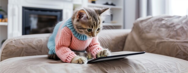 Adorable kitten wearing cozy sweater reading book on sofa cute pet lifestyle concept funny animal behavior home comfort warm interior relaxing moment