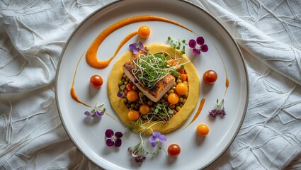 Pan-Seared Fish with Creamy Polenta and Vibrant Garnish