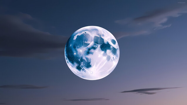 "Luminous Moon: A Celestial Glow in the Twilight Sky"
This image presents a glowing full moon with a surreal, almost ethereal appearance. The moon appears unusually radiant, with a bluish tint that en - Powered by Adobe