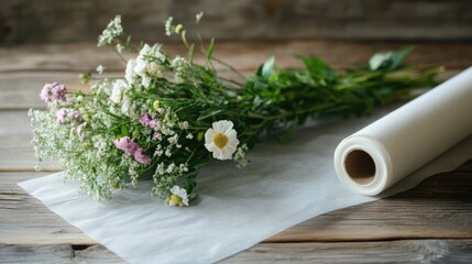 A roll of parchment paper beside a bundle of flowers, preparing to wrap and secure them.
