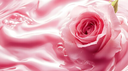 Stunning close up of a delicate and romantic pink rose flower in full bloom captured against a luxurious satin fabric backdrop with captivating textural details