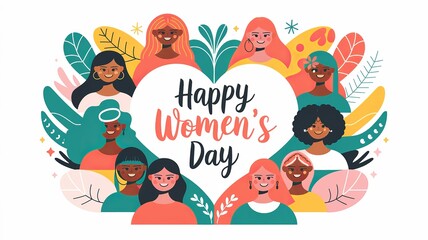 Fototapeta premium Women's Day Celebration Illustration with Diverse Happy Faces and Flowers, banner, pposter, addvertisement design