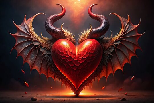 Surreal Red Heart with Devilish Wings, Horns & Tail - Four Variations