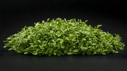 Obraz premium A close-up of thyme leaves arranged in a small cluster on a smooth matte black surface, showing fine texture and vivid green color.