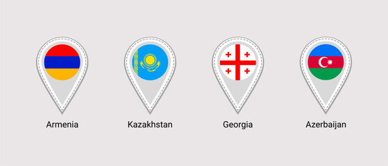 Georgia, Armenia, Kazakhstan, Azerbaijan flags map pins isolated icons vector illustration. Caucasus region states location point. Official symbols stickers signs with state name. markers badges.