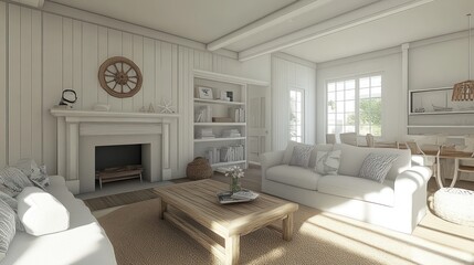Fototapeta premium Bright airy coastal living room with fireplace, sofas, and wooden coffee table.