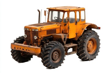 Obraz premium Vintage Orange Tractor with Large Wheels and Weathered Paint, Ideal for Agricultural Settings and Rustic Environments, Isolated on White Background