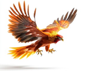 Fototapeta premium Majestic and Colorful Bird in Flight Captured on White Background with Outstretched Wings Exuding Power and Graceful Elegance of Nature
