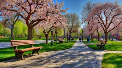 Spring city park with blossoming trees, people walking, benches, fountains, bright flower beds.