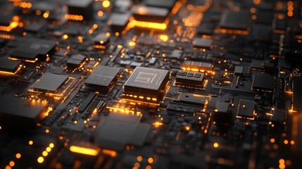 Close-up of illuminated circuit board with glowing components.