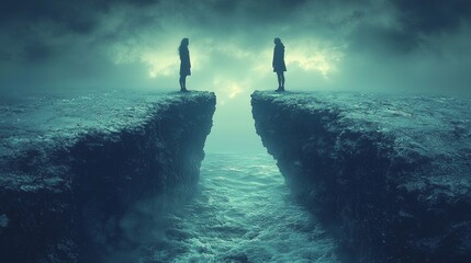 man and woman stand edges of cliff facing each other across wide chasm. Their expressions reveal deep longing and uncertainty as they are separated distance and rugged terrain.