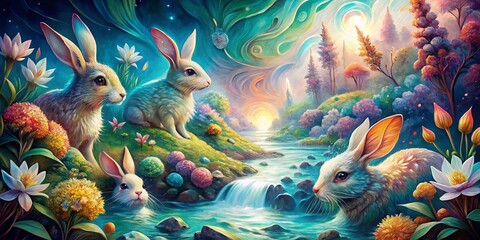 Surreal Watercolor Rabbit Pattern: Whimsical Fantasy Art Print