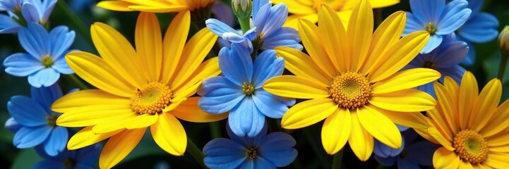 Fototapeta premium A colorful bouquet of yellow daisies and blue delphiniums, petals, delphinium