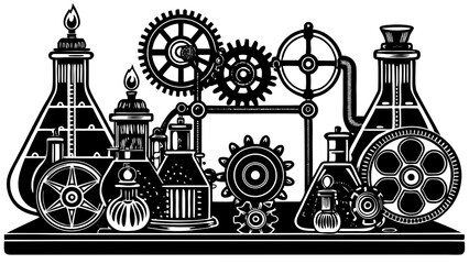 Steampunk laboratory, Victorian science equipment, gears and cogs, retro chemistry glassware, vintage microscope