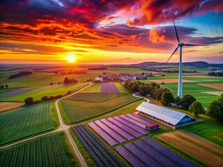 Sustainable Farm at Sunset: Solar Panels & Wind Turbine Night Photography