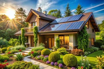 Sustainable Modern Home: Solar Panels & Lush Greenery in Bright Sunlight
