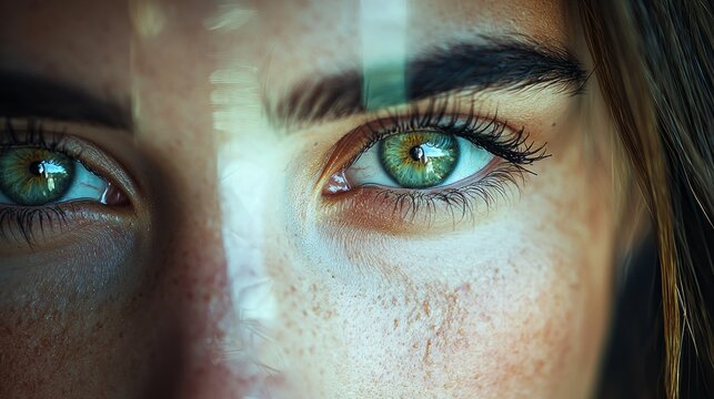 person gazes into mirror confronting shadowy version of themselves. Their glowing eyes express deep understanding and struggle inner fears and subconscious secrets.