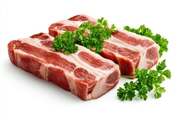 Fresh Cuts of Raw Pork Belly with Fresh Parsley Garnish on White Background Ideal for Cooking, Recipes, and Culinary Themes