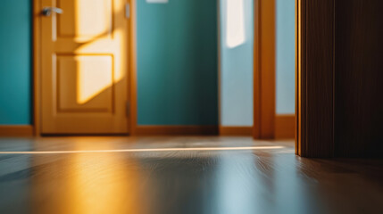 warm, inviting interior scene featuring wooden floor and door illuminated by sunlight. soft light creates serene atmosphere in room