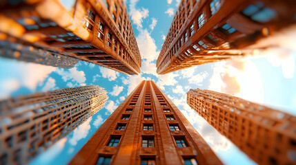 City skyscrapers sunset view, upward perspective, cloudy sky, urban development, architectural design